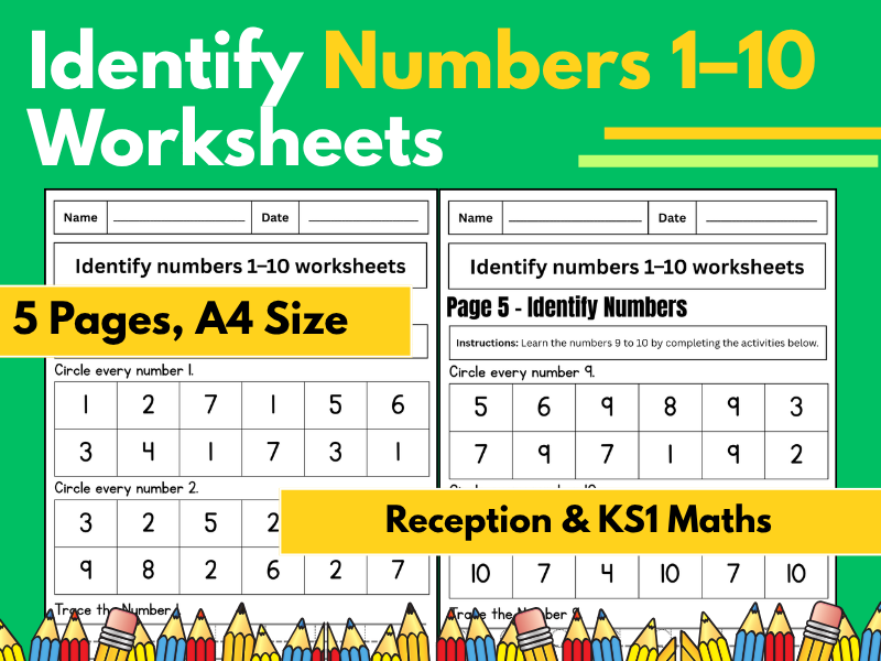 Identify Numbers 1–10 Worksheets | Number Recognition Activities | Reception & KS1 Maths