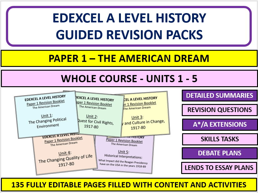 A Level History Edexcel The American Dream Revision Pack All 5 Unit Bundle – Guided Revision Booklet