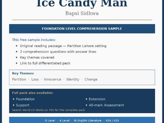 FREE — Ice Candy Man by Bapsi Sidhwa | Foundation Comprehension Sample | O Level English