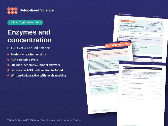 BTEC Applied Science Unit 3: Enzymes and concentration (D22) - worksheet + answers