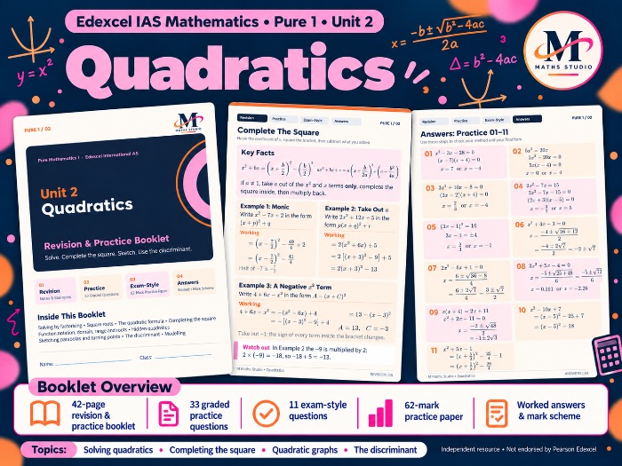 Unit 2: Quadratics - Edexcel IAL Pure Maths 1 | Revision Booklet
