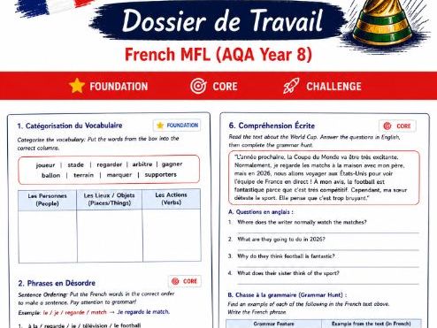 French Football & World Cup Workbook + Answers | Year 8 French | KS3 French Resource Pack