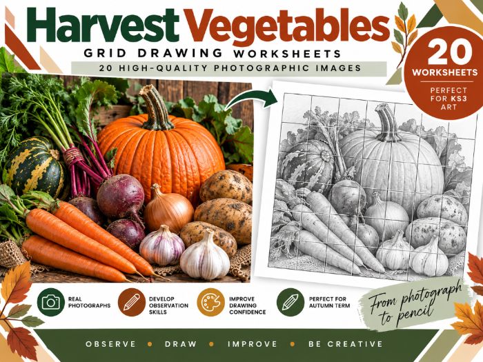 Harvest Vegetables Grid Drawing Worksheets | 20 Autumn Art Activities | KS3 & KS4