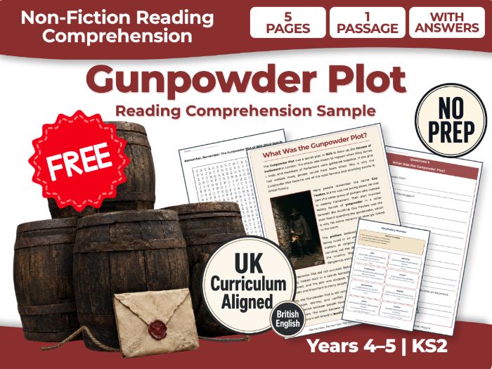 FREE Gunpowder Plot KS2 Reading Comprehension Sample | History Worksheets | Years 4–5