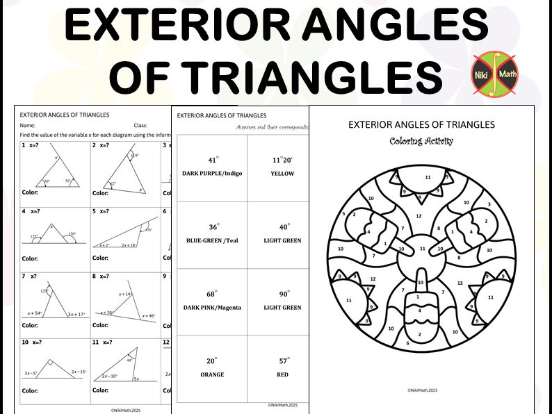 Geometry Grades 7-8: Exterior Angles of Triangles - Color by Code