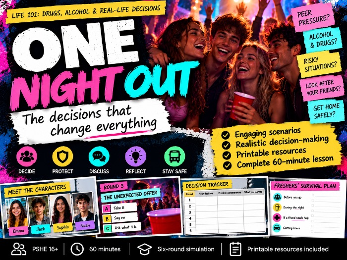 PSHE Drugs & Alcohol Lesson 1 - One Night Out (Peer Pressure, Alcohol & University Safety) 16+