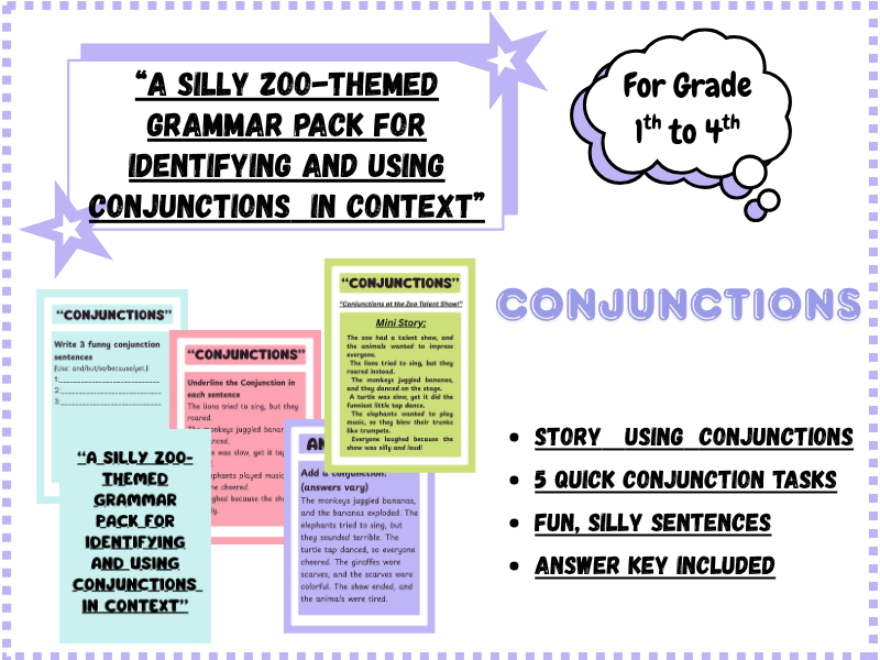 Zoo-Themed Conjunctions Grammar Pack | Identify & Use Conjunctions | Worksheets + Story + Answer Key