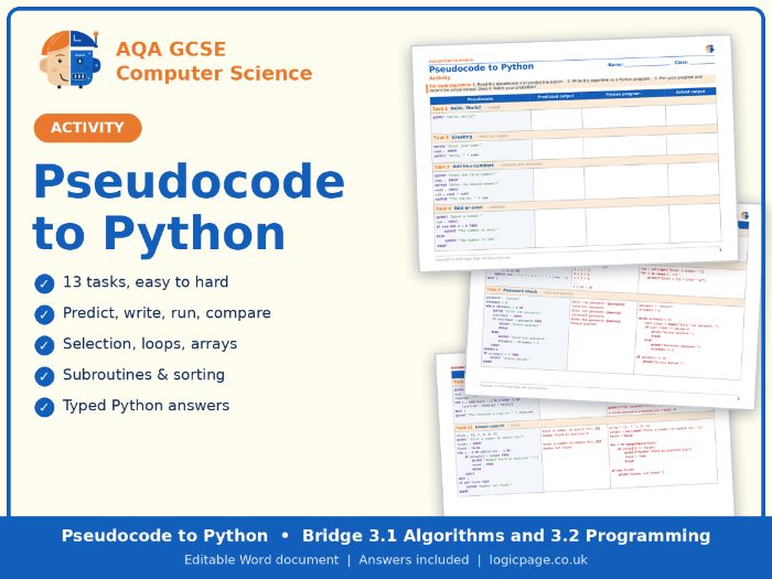 GCSE Computer Science Pseudocode to Python Activity