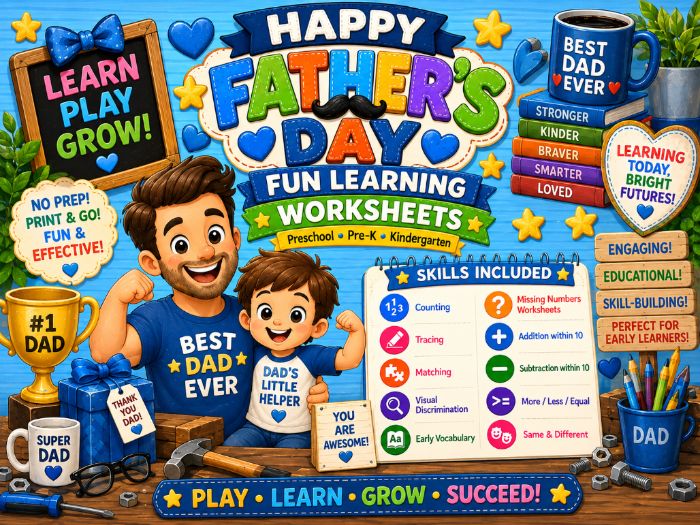Father’s Day Worksheets for Pre-K & Kindergarten | Math, Tracing, Counting & Matching