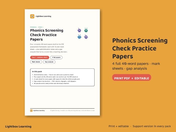 Phonics Screening Check Practice Papers — 4 Full Papers + Mark Sheets