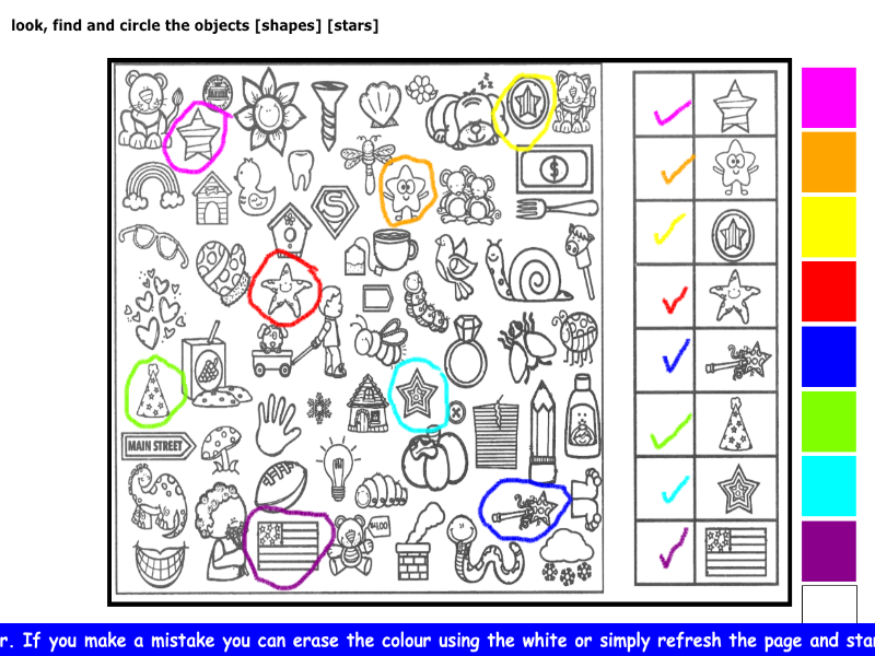 look, find and circle the objects [shapes] [stars]