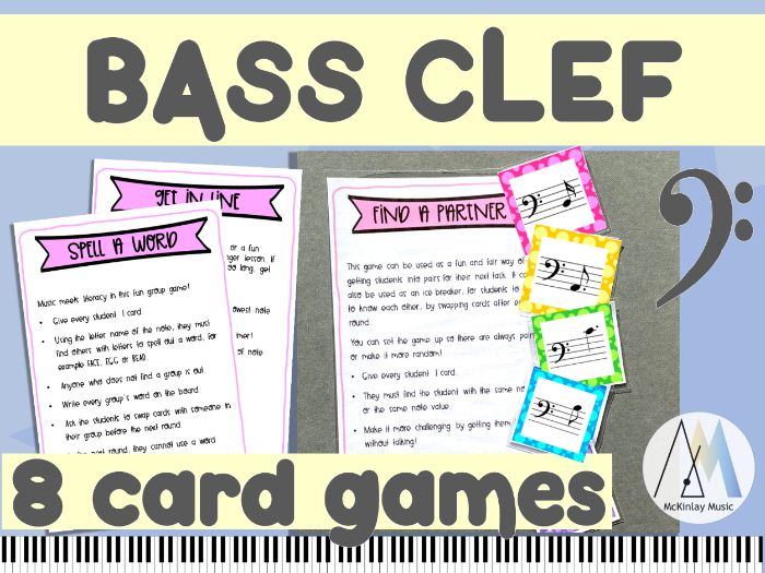 Bass Clef Games - printable cards for 8 quick music theory games