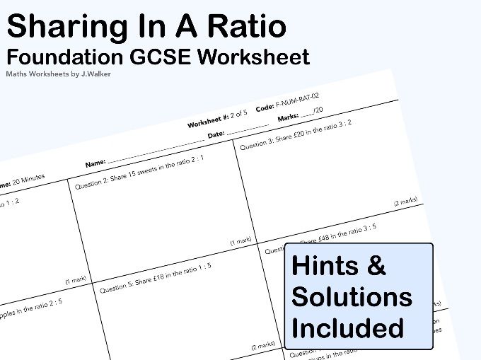 GCSE Maths Worksheet: Sharing In A Ratio - Foundation Tier