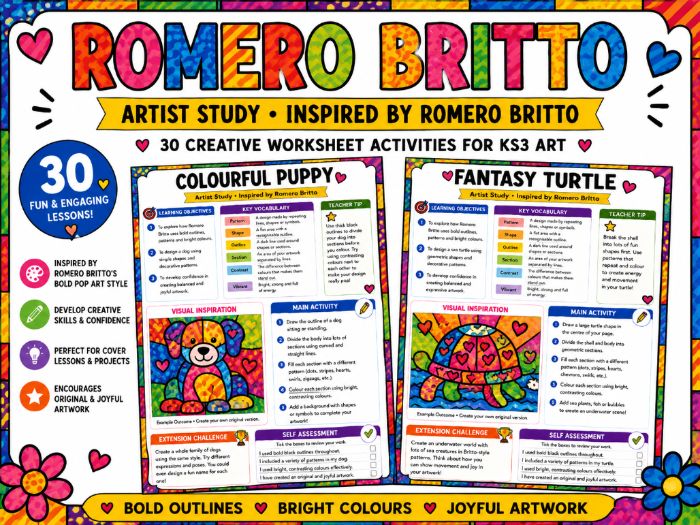 Romero Britto Artist Study – 30 Pop Art Drawing Worksheets | KS3 Art | Colour, Pattern & Creative Ac