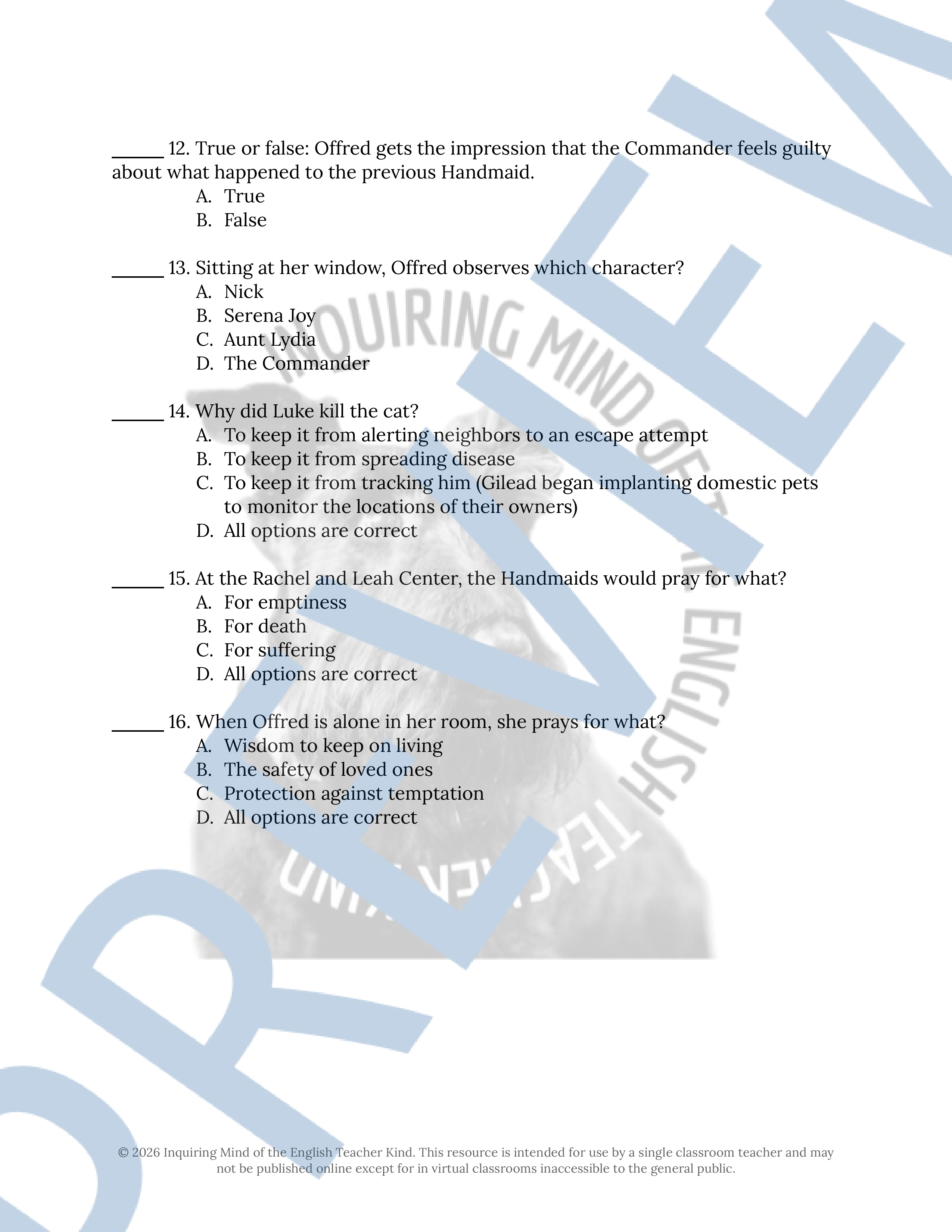 The Handmaid's Tale Chapters 28, 29, and 30 Quiz and Answer Key ...