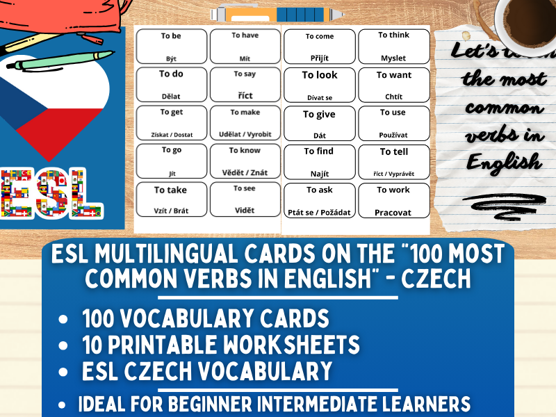 ESL Multilingual Vocabulary Flashcards - 100 most common verbs - Czech