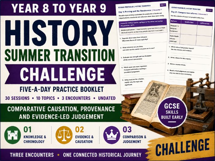 Year 7 to Year 8 History Summer Transition Booklet – Challenge | 30 Sessions with Answers
