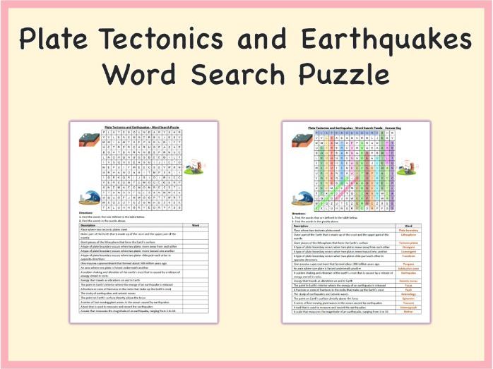 Plate Tectonics and Earthquakes - Word Search Puzzle Worksheet Activity (Printable PDF)