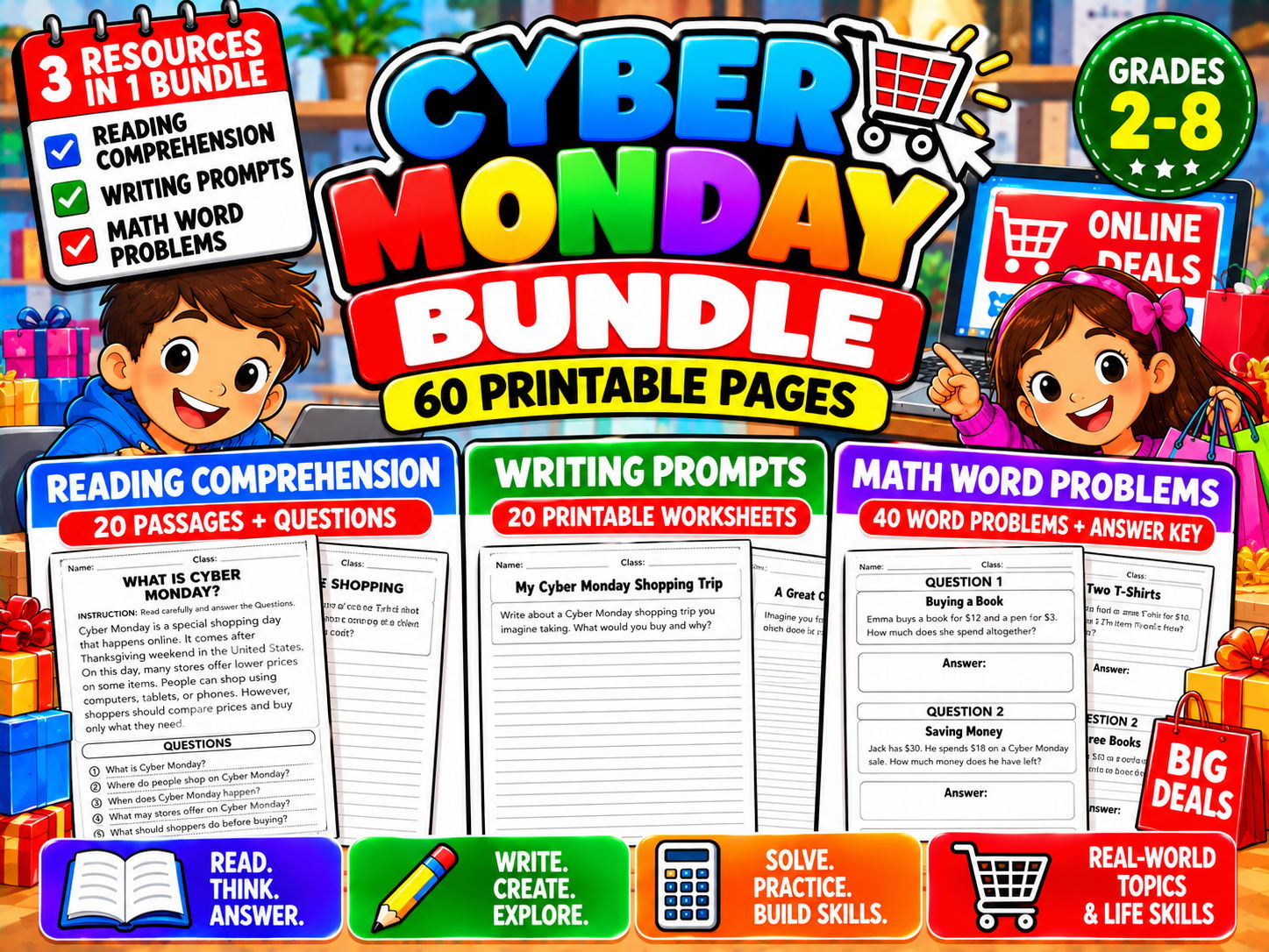 Cyber Monday Activities Bundle | Reading, Writing & Math | Grades 2–8