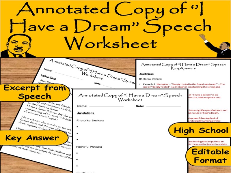 Martin Luther King Jr ‘I Have a Dream’ Speech Analysis – Annotated Worksheet with Answers