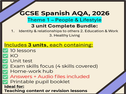 GCSE Spanish Theme 1: 30 lessons + extras (Identity, Education & Work, Healthy Living AQA 2026)