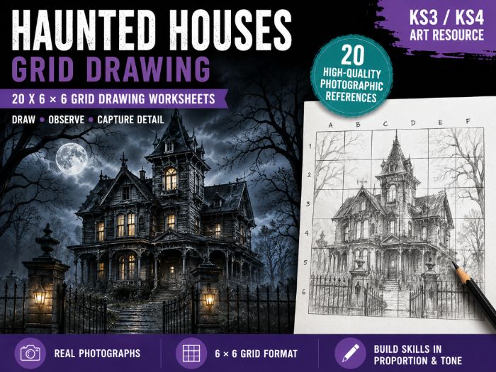Haunted Houses Grid Drawing Worksheets | 20 Halloween Art Activities | KS3 KS4