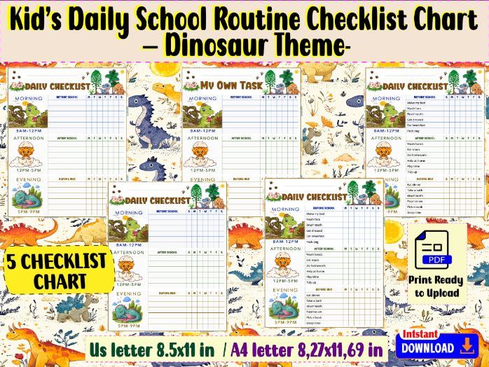 Kid’s Daily School Routine Checklist Chart -Dinosaur Theme-
