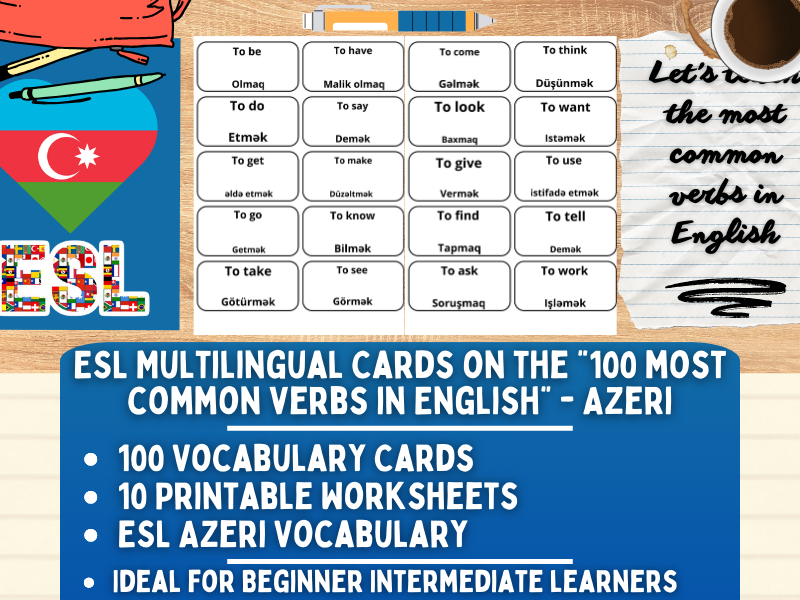 ESL Multilingual Vocabulary Flashcards - 100 most common verbs - Azeri