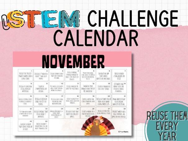 STEM Challenge Calendar – November | Daily STEM Activities for Primary & ESL