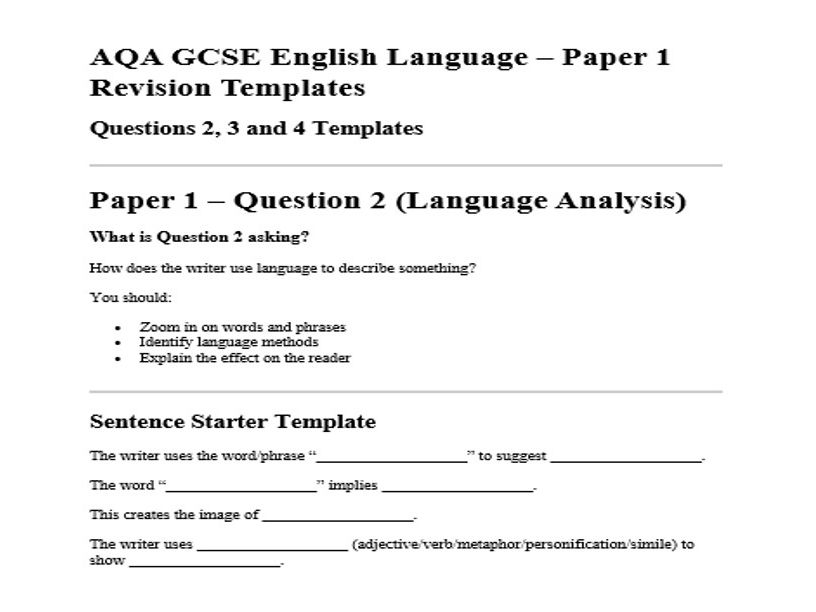 New for 2026 AQA GCSE English Language Paper 1 Revision Templates Plus Sentence Openers