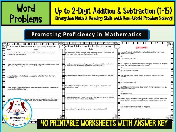 Up to 2-Digit Addition & Subtraction Word/Story Problems (1–15) – 20 Worksheets Strengthen Math & Re