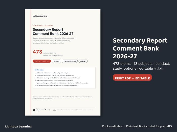 Secondary Report Comments 2026-27 — Editable Comment Bank, 13 Subjects