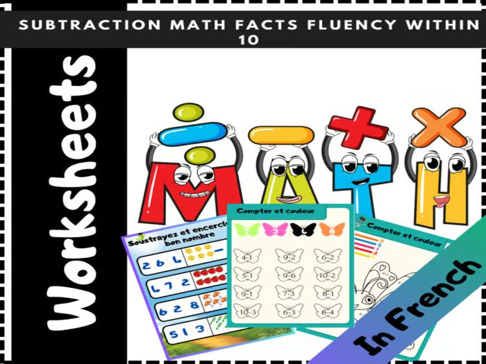 Easy Subtraction Practice: Activities Worksheets (Color by Number, Subtraction)/Version in French
