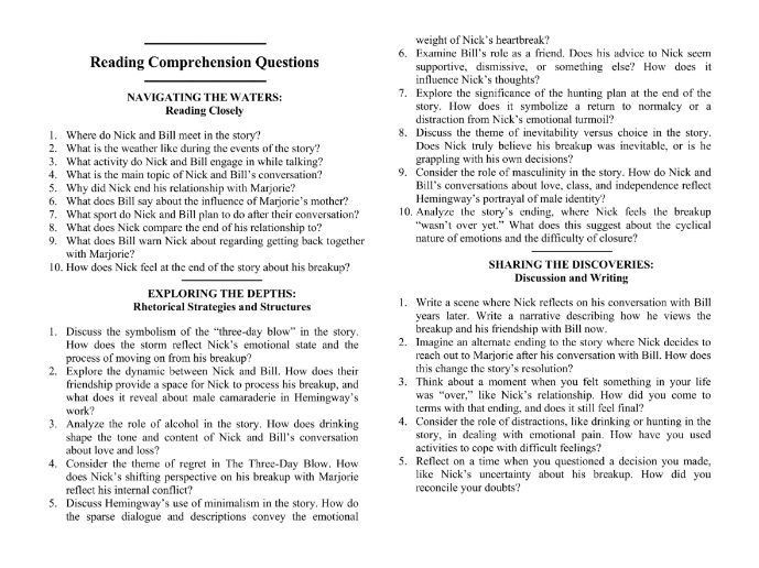 The Three-Day Blow by Ernest Hemingway with Reading Comprehension Questions