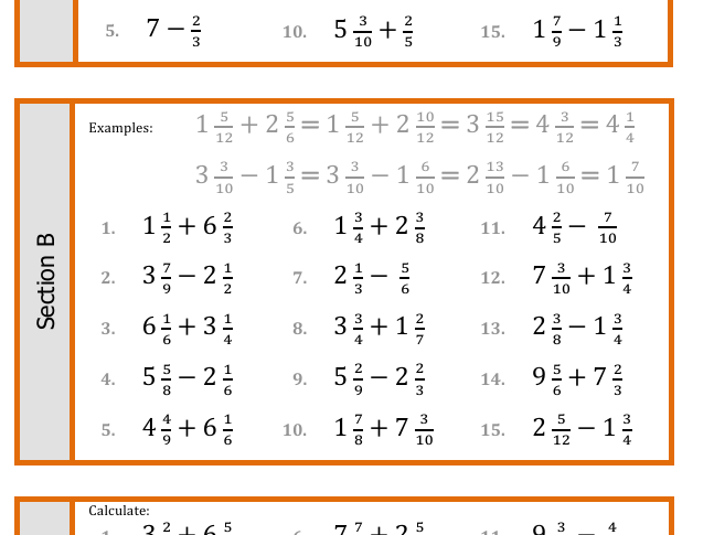 Mixed numbers - add and subtract