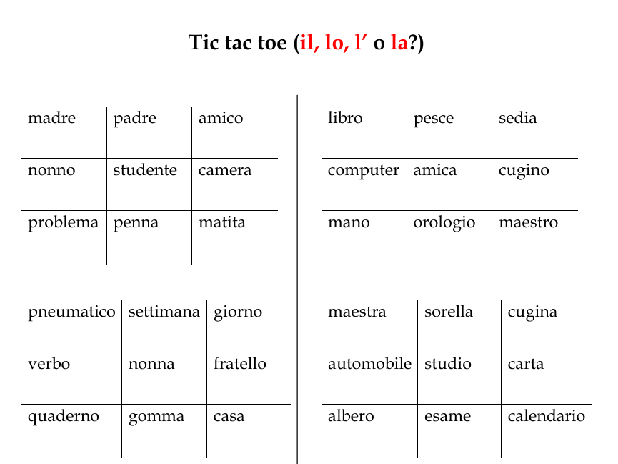 Tic Tac Toe Italian Definite Articles Worksheet