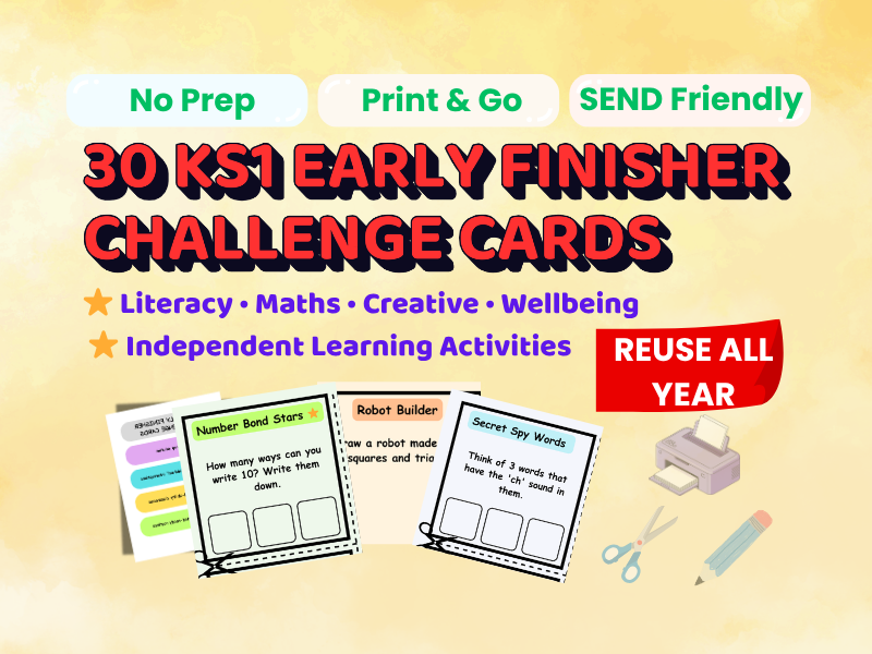 KS1 Early Finisher Challenge Cards | 30 Year 1 Independent Task