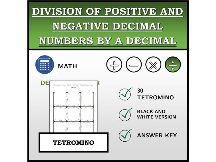 Tetromino | Division of Positive and Negative Decimal Numbers by a Decimal | Math Activity
