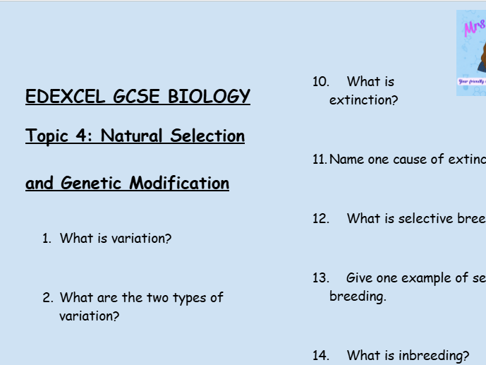 Edexcel GCSE Biology Topic 4: Natural Selection and Genetic Modification – 30 Question Retrieval