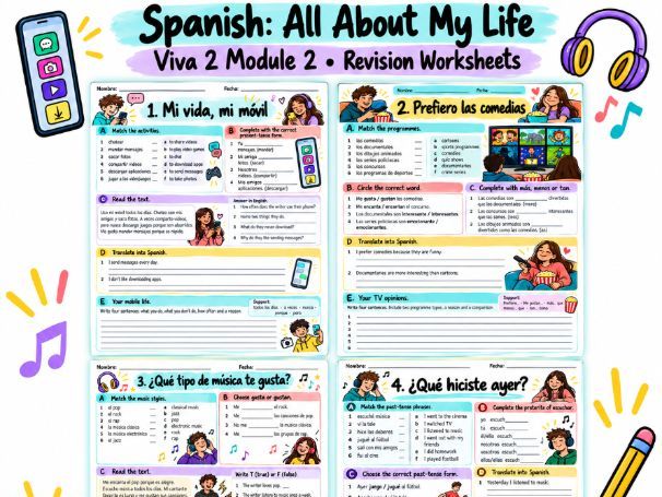 Spanish Revision Worksheets | Viva 2 Module 2: Todo sobre mi vida | KS3