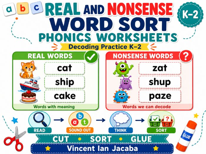 Real and Nonsense Word Sort Phonics Worksheets K–2 | Decoding & Nonsense Words