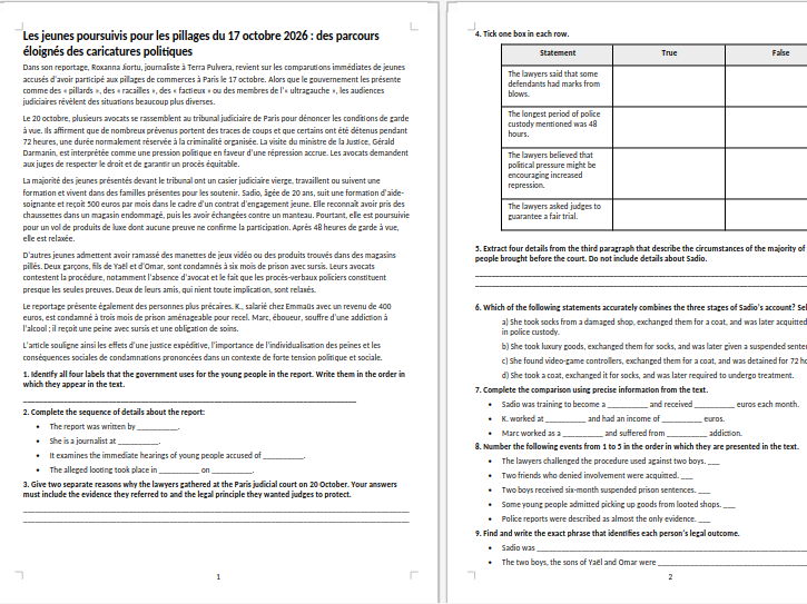 French Reading Comprehension: The 17 October 2026 Looting Hearings