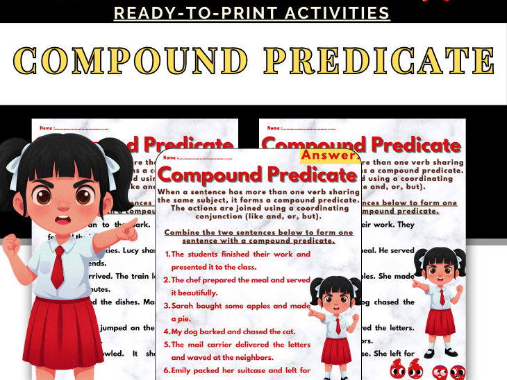 Compound Predicate Worksheets | Grammar Activities for 2nd-5th Grade | No Prep