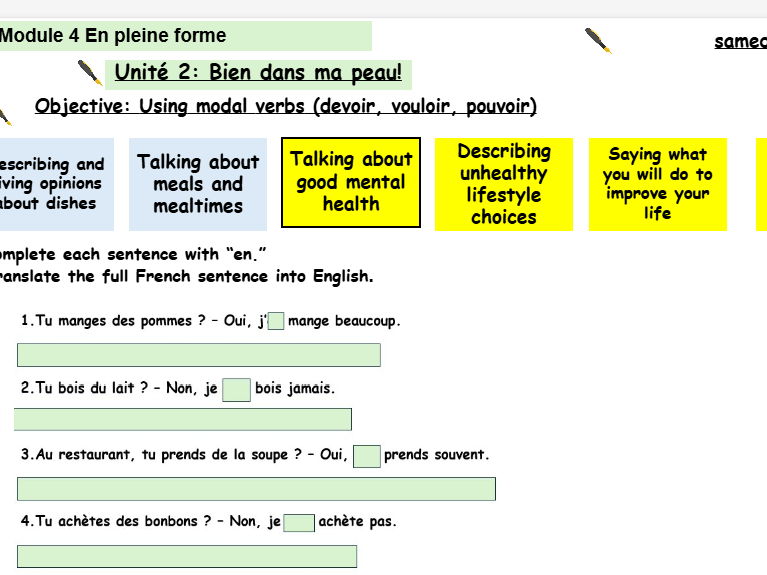 New French AQA Higher GCSE Module 4 En pleine forme Unit 2 Bien dans ma peau
