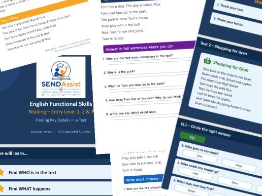 English Functional Skills E1, E2, E3 reading simple texts. ASD SEND friendly full lesson +worksheet.
