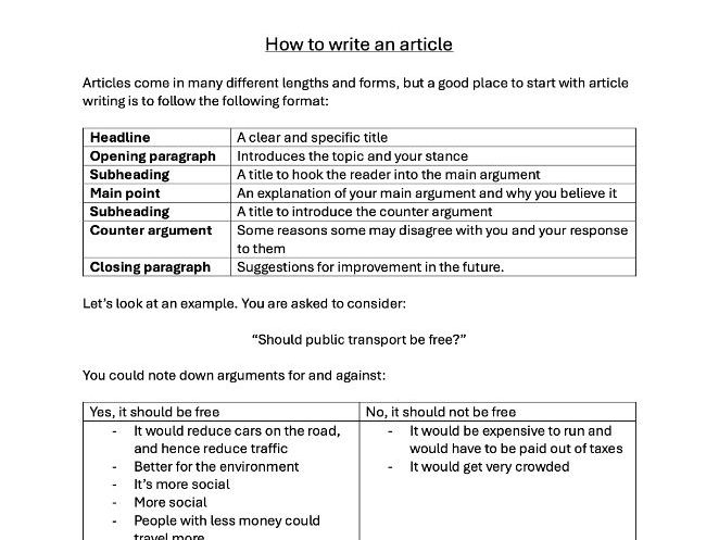 How to write an article worksheet