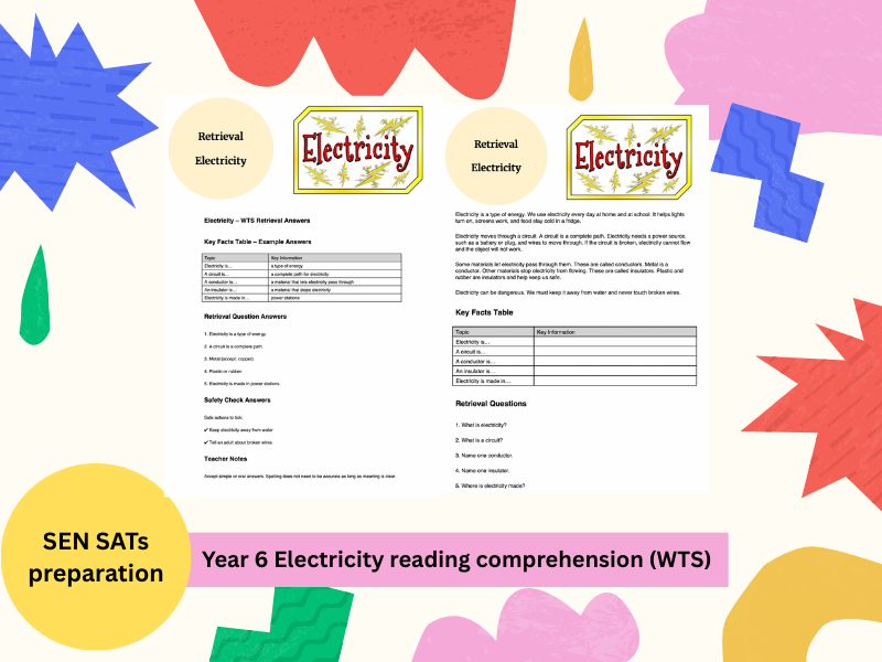 Year 6 Electricity Reading Comprehension – WTS | SATs Intervention, Retrieval & Evidence-Based