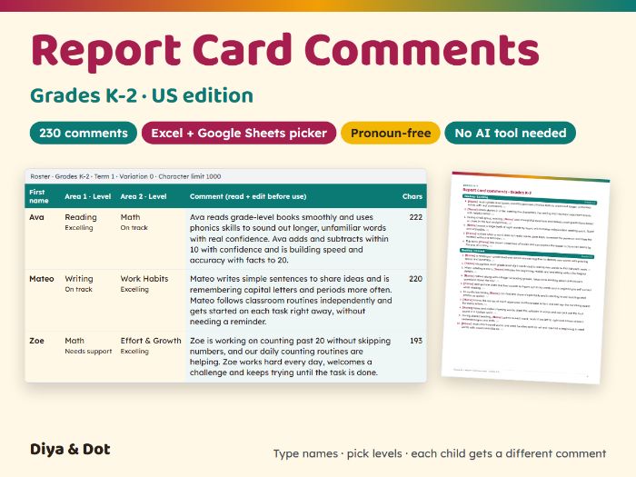 Report Card Comments K-2 (US) + Picker