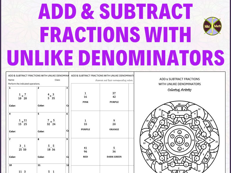 Add & Subtract Fractions with Unlike Denominators - Color by Code