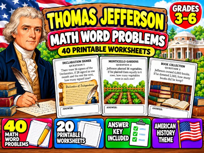 Thomas Jefferson Math Word Problems | 40 Worksheets with Answer Key